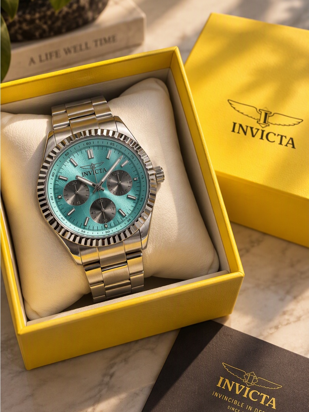 Invicta Luxury Tiffany Blue Chronograph Style Watch Silver Tone